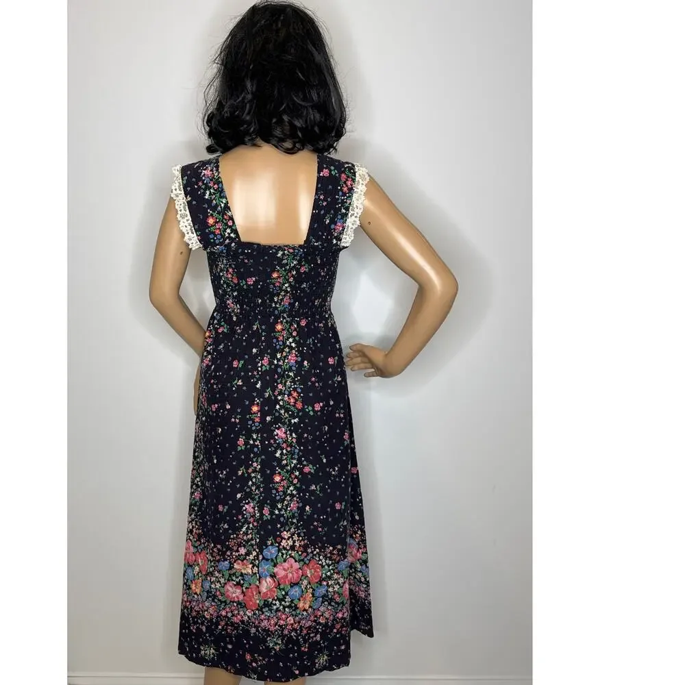 Vintage 70s The Fig Leaf Floral Smocked Cottagecore Prairie Midi Cotton Dress XS